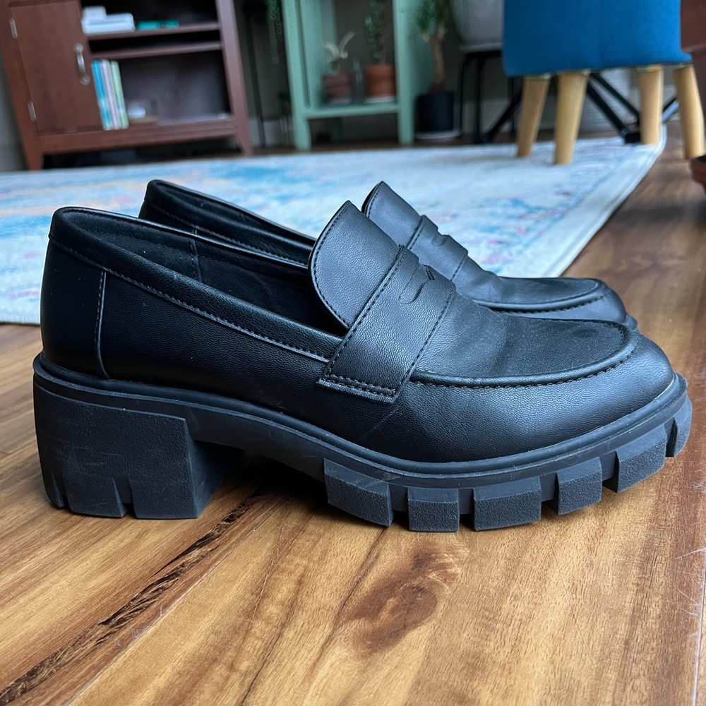 Chunky Black Loafers with Heel